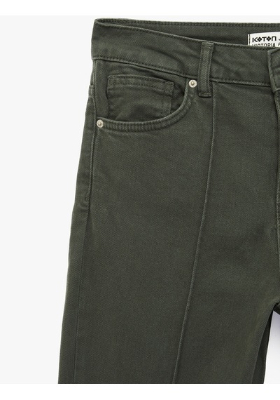 Koton Pamuklu Cepli Düğmeli Dar Kesim İspanyol Paça Denim Pantolon - Flare Jeans Haki 6sal40057mw Haki