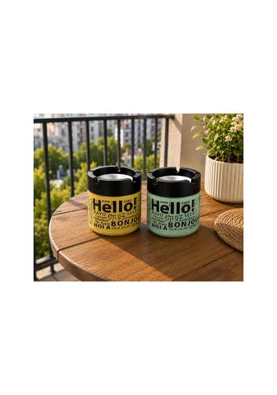 2 Li Renkli Cam Küllük Seti Hello Desenli Sarı Ve Açık Yeşil Dekoratif Küllük