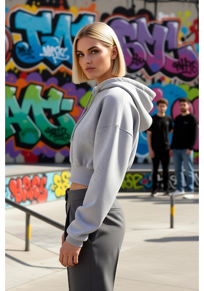 Benerly Kadın Kapüşonlu Fermuarlı Uzun Kollu Örme Sweatshirt Fonksiyonel Gri Melanj
