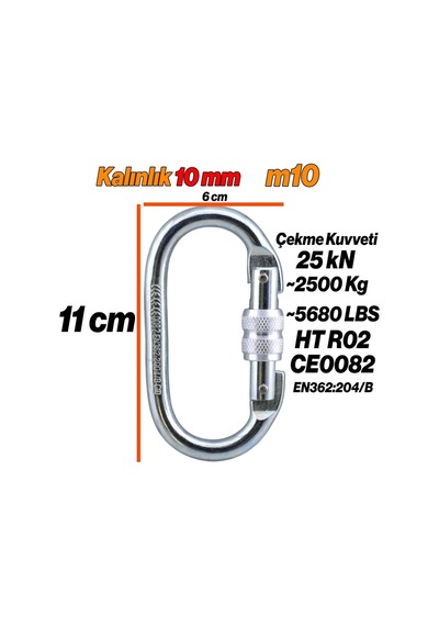 Ayrex Badem10 Oval Karabina Kilitli 10 Mm Kanca Paslanmaz Çelik Kilit Tırmanma Kamp Ekipman Tırmanış İp Askı Kili