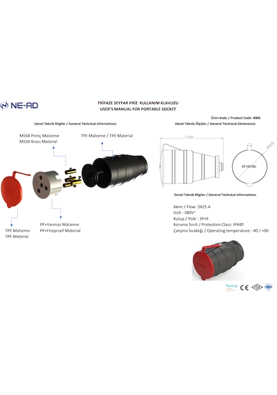 Ne-ad 3x25 A 4006 Topraklı Seyyar Kauçuk Priz 20 Adet
