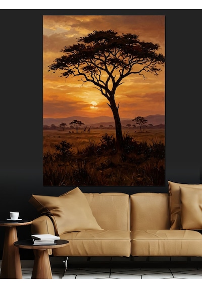 Gün Batımında Afrika Savana Ağacı Dekoratif Kanvas - Mdf Ahşap Tablo