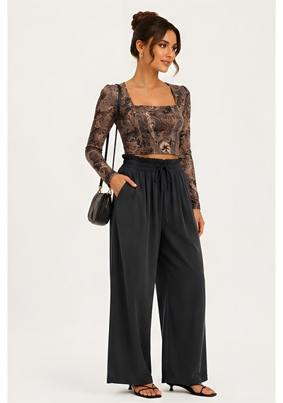 Lili Woman Kadın Paisley Desenli Tül Crop Bluz E.2557 Kahverengi
