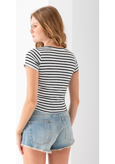 Giysa Kadın Bisiklet Yaka Çizgili Basic Body Siyah - 25509 Siyah