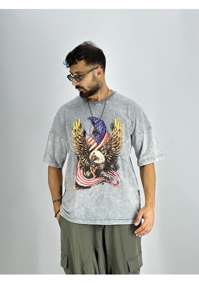 Cocopelli Erkek Yıkamalı Kumaş Baskılı T-shirt Coc2216 Gri