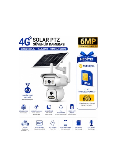 6 Mp Solar Ptz Çift Lensli 4g Sım Kartlı Kablosuz Güvenlik Kamerası + 12 Ay Turkcell Hat  4g-bs-w2