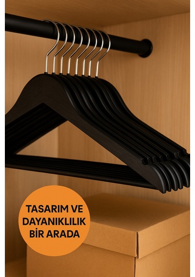 10 Lu Kırılmaz Siyah Ahşap Görünümlü Askı Seti Tişört, Gömlek, Pantolon Askısı Dayanıklı Ve Şık Siyah