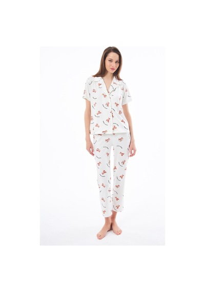 Cottonhill Premium Kadın Pijama Takımı Ayıcık Desenli Yumuşak Dokulu Kısa Kollu Gömlek Yaka Krem