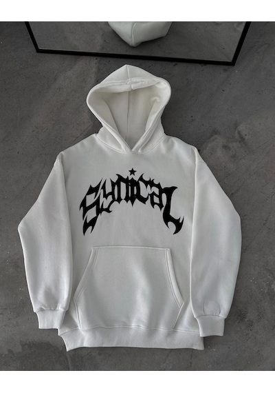 Kışlık Kapşonlu Baskılı Oversize Sweatshirt- Beyaz Beyaz