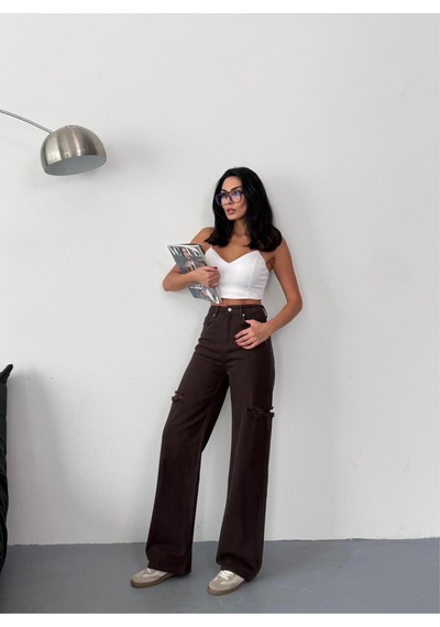 Kadın Kahverengi Baggy Jean Yüksek Bel Kot Pantolon Denim Kumaş Yanlardan Lazerli Kahverengi