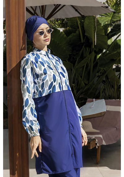 Mayom Tam Kapalı Paraşüt Kumaş Crop Model Damla Desenli Tesettür Mayo - 2527 Lacivert-mavi