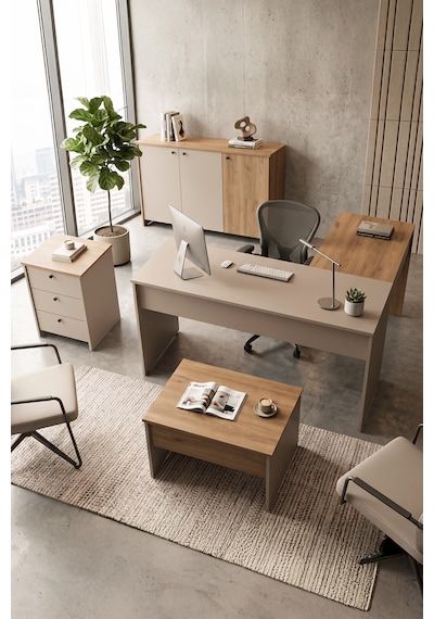 Robin Home Opus Yönetici Ofis Takımı Makam Takımı Çalışma Masası Sehpa Keson Klasör Dolabı 4 Parça Sepet-kumsal Kahverengi