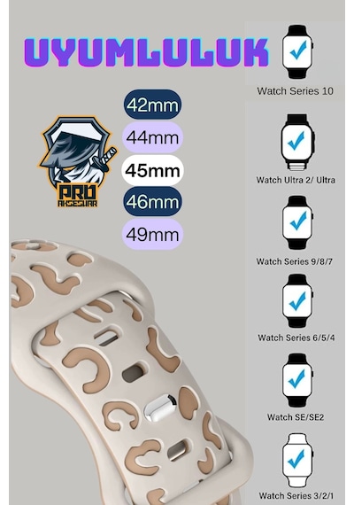 Apple Uyumlu  Watch  10. Seri 42mm Leopar Desenli İç Kabartmalı Yumuşak Silikon Kordon Premium Kalite