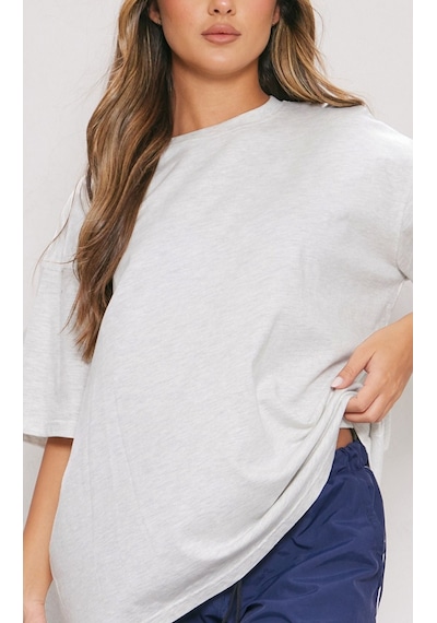 Düz Süprem T-shirt - Gri Oversize Bisiklet Yaka Kısa Kol Tişört Gri