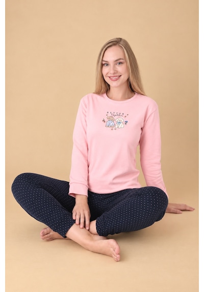 Wordex Fawn 6002 İnterlok Sevimli Köpek Desenli Kışlık Ev Kadın Pijama Takımı Pembe