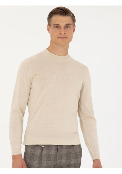Cacharel Bej Slim Fit Çeyrek Balıkçı Yaka Triko Kazak
