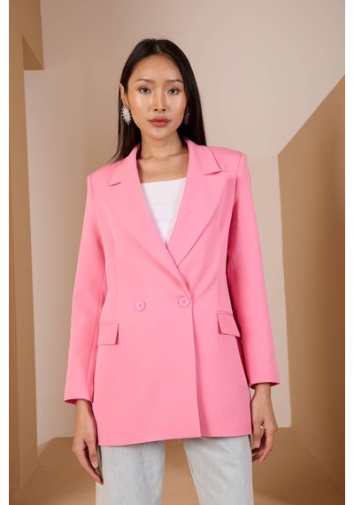 Pembe Regular Dokuma Astarlı Taş Detaylı Blazer Ceket Pembe