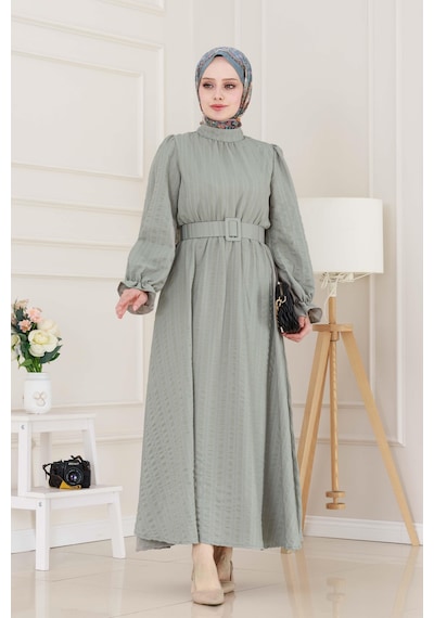 Sevitli Kolu Volanlı Kemerli Henna Elbise-mint Yeşili-5055 Mint Yeşili