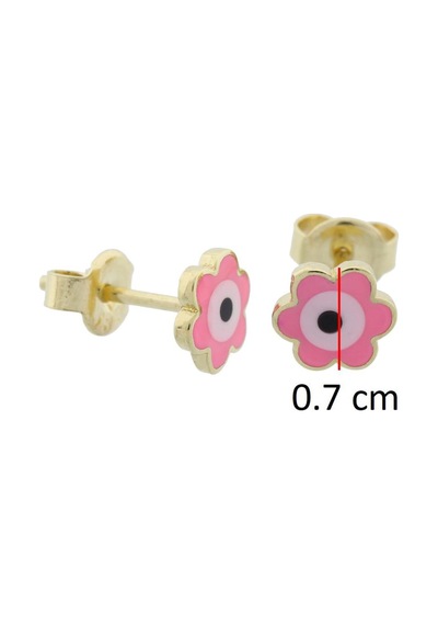 Pembe Çicek Göz Mineli Nazar Altın Çocuk Küpe Sarı Altın