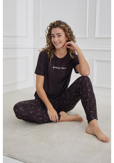 Kompedan Kadın Çiçek Desenli Kısa Kollu Pijama Takım Siyah 30102-1167 Siyah