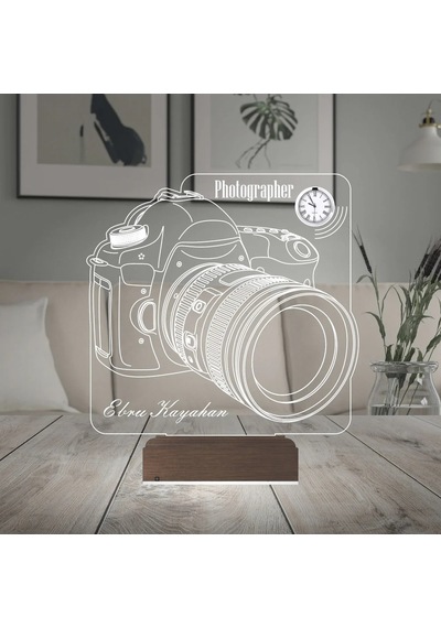 Luvivia Fotoğraf Makinesi Slr Fotoğrafçı Kişiye Özel Metal Saatli 3d Lamba - Masa Gece Lambası Şeffaf
