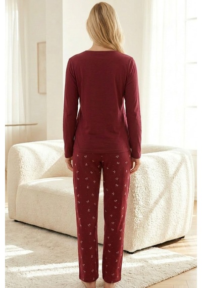 Siyah İnci Nakışlı Pamuklu Likralı Örme Pijama Takım26240306 Bordo