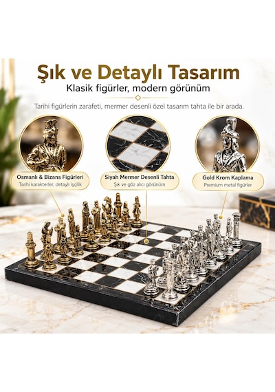 Lüks Metal Satranç Takımı Osmanlı Bizans Figürlü Krom Siyah Mermer Desenli 20x20 Premium Hediye Seti