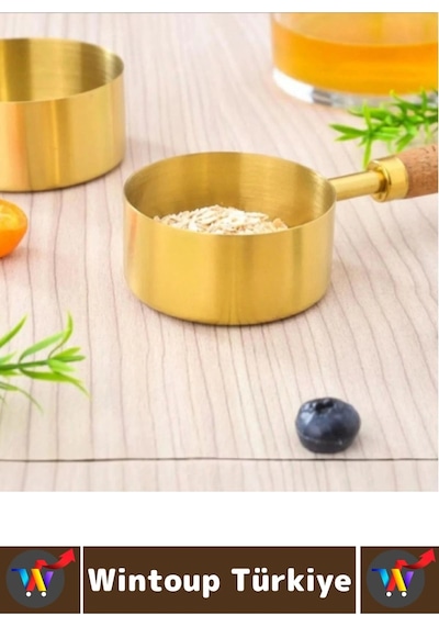 Pratik Mutfak Yemek Hazırlık Bakliyat Sıvı Ölçüm Estetik Gold Renk 4lü Ahşap Saplı Metal Ölçü Kaşığı Çok Renkli