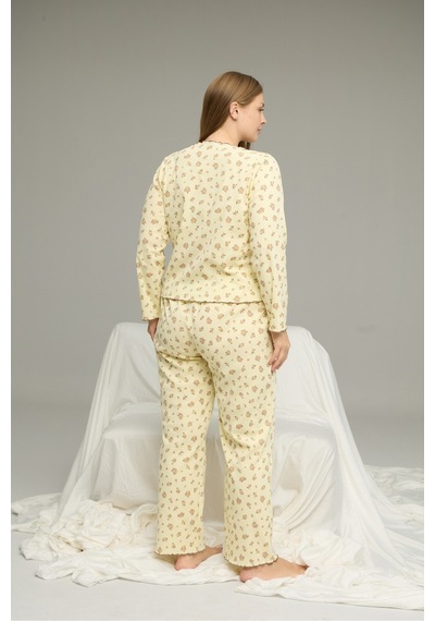 Siyah İnci Beden Battal Pamuklu Fiyonklu Fitilli Örme Pijama Takım25228001-3 sari