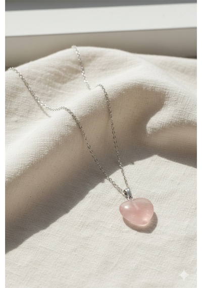 Doğal Pembe Kuvars Taşı Kalp Kolye - Aşk Ve Sevgi Taşı Açık Pembe