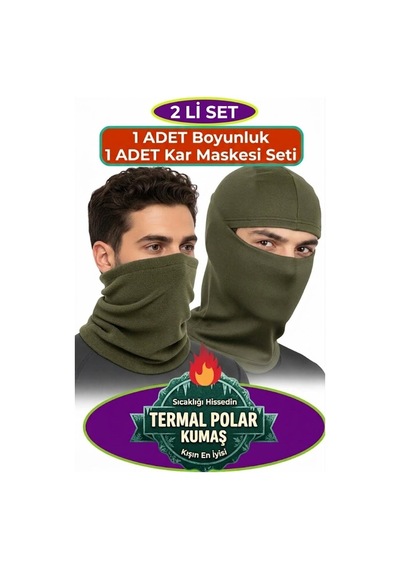 Neler Geldi Neler 2'li Set Haki Polar Boyunluk Ve Haki Polar Kar Maskesi Unisex Kışlık Polar Termal Soğuk Hava Koruyucu Haki Yeşili