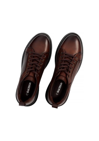 Erkek Kahverengi Bağcıklı Baskılı Deri Sneaker