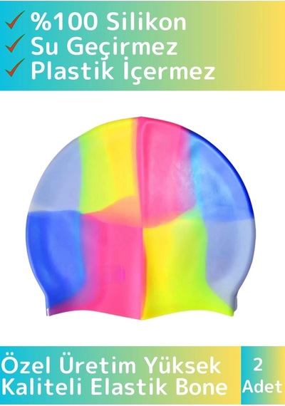 Özel Üretim Su Geçirmez Silikon Yüzücü Havuz&deniz Bonesi Elastik Yüzme Şapkası Renkli 2 Adet Çok Renkli
