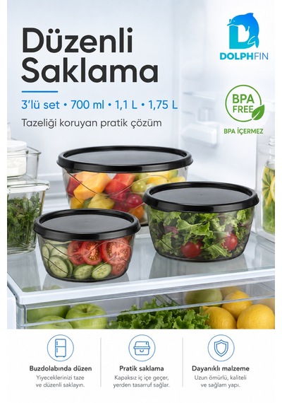3 Lü Yuvarlak Saklama Kabı Seti 700 Ml 1,1 L 1,75 L Füme Şeffaf Bpa İçermez Siyah