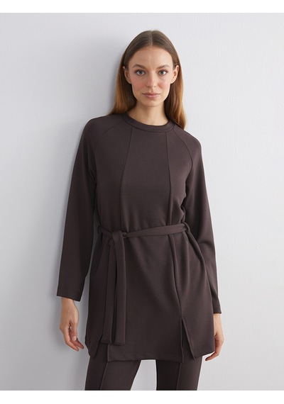 Lcw Modest Kahverengi Beli Kuşaklı Kadın Sweatshirt Tunik