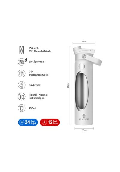 Puccon 750 Ml Beyaz Paslanmaz Çelik Termos/matara/suluk