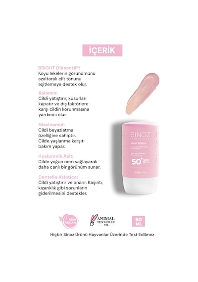 Sinoz Pink Touch Yüksek Koruyucu Ton Eşitleyici Pembe Yüz Güneş Kremi SPF50+ 50 ML