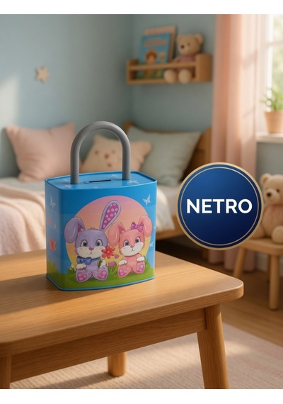 Kilit Şeklinde Dev Boy Kumbara 26x17 Cm Hediyelik Metal Kumbara Kapaklı Kolay Açılabilir Model 2 Li Tavşan Mavi