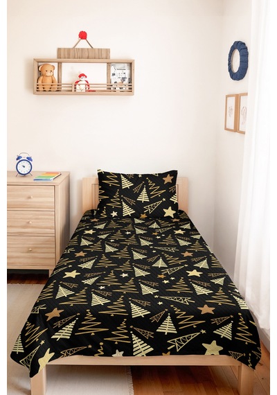 Yılbaşı Çam Ağacı Siyah Genç Odası Tek Kişilik Pike Takımı - Yıldızlı Altın 160x220 Cm Yatak Örtüsü Hafif Kabuğu Serabı