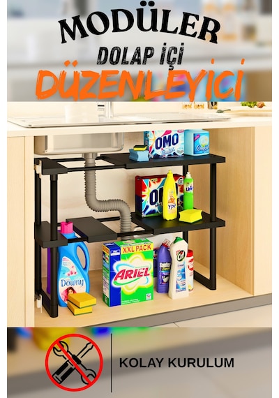 Plastik Genişletilebilir Raf Ayarlanabilir Düzenleyici Mutfak Banyo Düzenleyici - Çift Katlı - Siyah