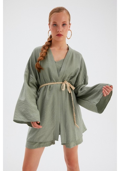 Sateen Kuşak Detaylı Salaş Kimono- Yeşil