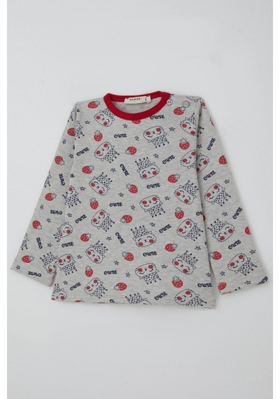 Breeze Kız Bebek Pijama Takımı Sevimli Kraliçe Desenli Çilekli 9 Ay-3 Yaş, Açık Gri Melanj Açık Gri Melanj