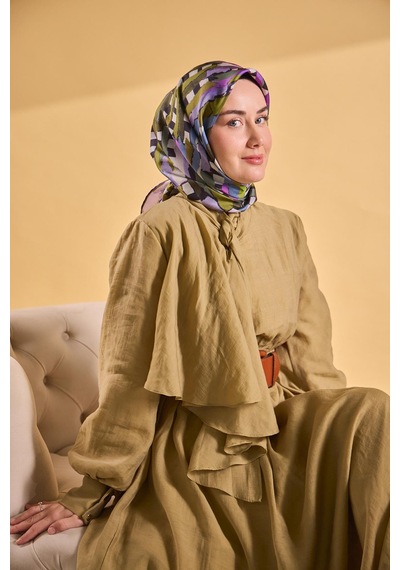 Silk Home Twill İpek Eşarp Şerit Yeşil Çok Renkli