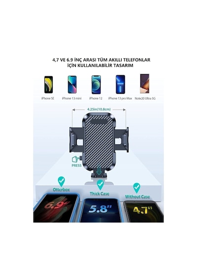 Araç Içi Uzayan Ayarlanabilir Cam Ve Torpido Için Vantuzlu Telefon Tutucu Siyah