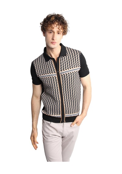 İgs Siyah Slim Fit Dar Kalıp Düğmeli Polo Yaka Desenli Kısa Kollu Triko Tişört-16311