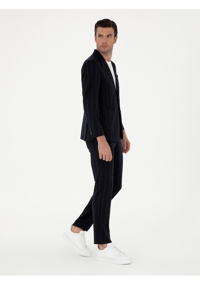 Cacharel Koyu Lacivert Slim Fit Yün Karışımlı Çizgili Pantolon