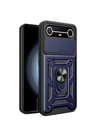 Tecno Spark Slim Uyumlu Tank Kılıf -yüzüklü Standlı Extra Koruma Zırhlı Outdoor Kapak-lacivert
