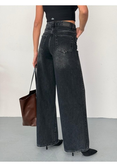 Kadın Füme Taşlamalı Baggy Jean Yüksek Bel Geniş Paça Kot Pantolon Siyah Siyah+taşlamalı