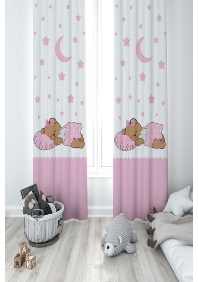Mekta Home Bebek Ve Çocuk Odası Uyuyan Sevimli Ayı Desenli Pembe 2 Kanat Fon Perde