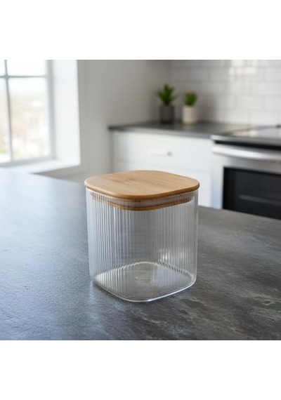 Bambu Kapaklı Kare Cam Saklama Kavanozu 10x10 Cm - Vakum Kapaklı Şeffaf Erzak Kabı Ve Mutfak Düzenleyici Organiza Diğer